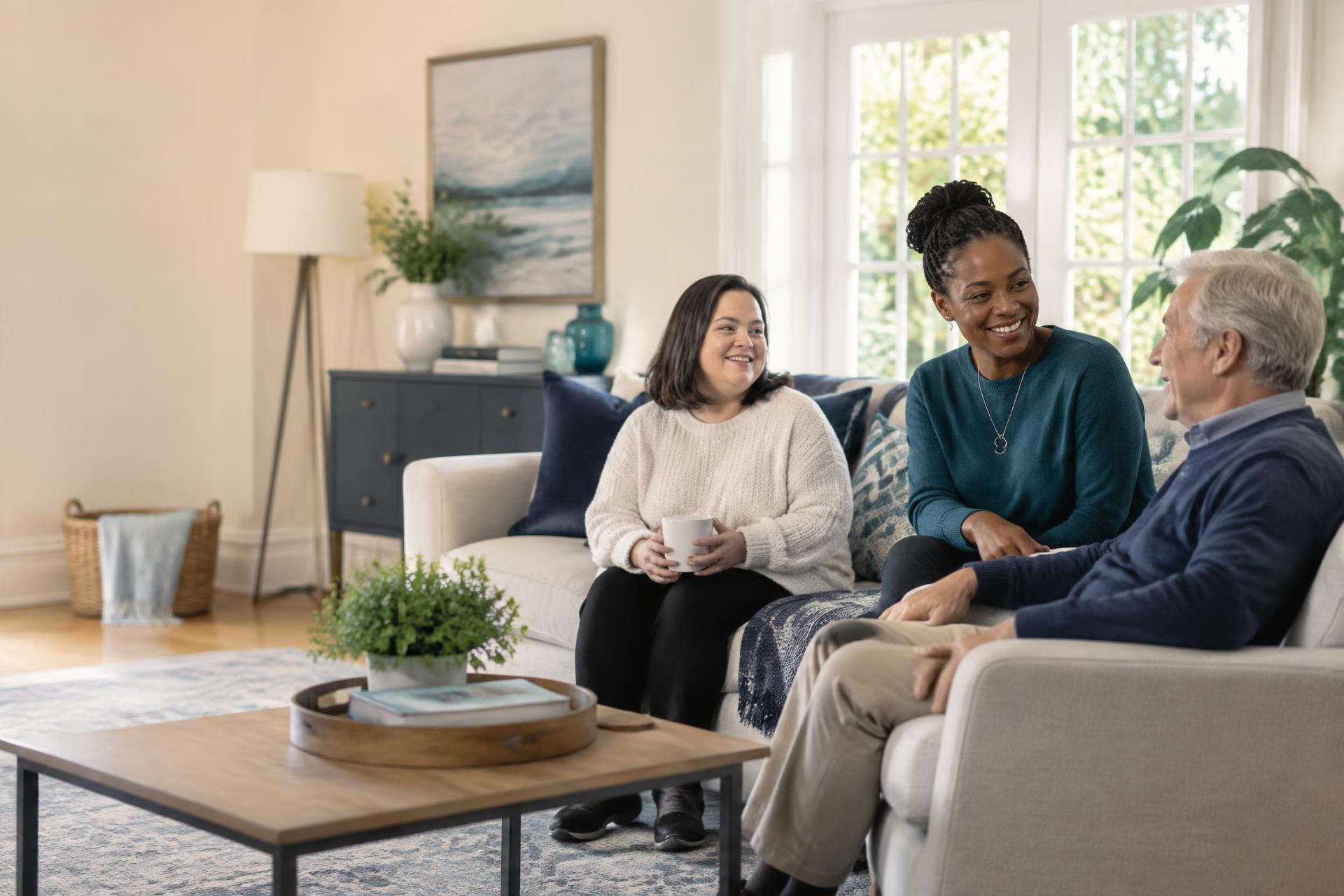 Adults sharing conversation in a warm, supportive home